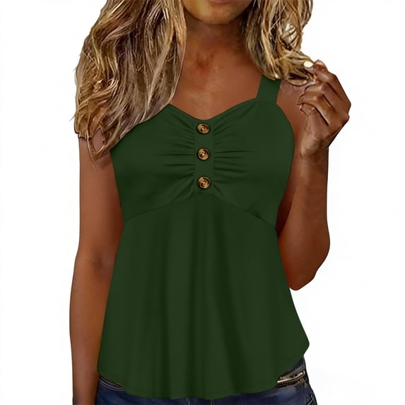 HAiming Women's Tank Tops Smocked Button Sleeveless Solid Color Classic Casual Fashion Blouses Summer Beach Vacation Going out Tops