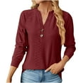 thumbnail image 1 of HAiming Women's Textured Long Sleeve T-Shirt Trendy V-Neck Button Tops Summer Casual Solid Color Loose Blouse, 1 of 4