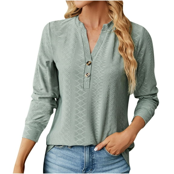 HAiming Women's Textured Long Sleeve T-Shirt Trendy V-Neck Button Tops Summer Casual Solid Color Loose Blouse