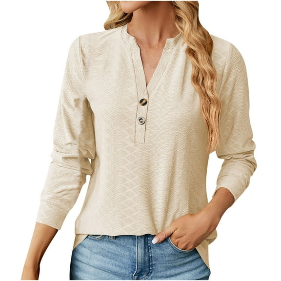 HAiming Women's Textured Long Sleeve T-Shirt Trendy V-Neck Button Tops Summer Casual Solid Color Loose Blouse