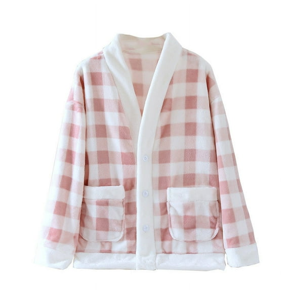 HAiming Women’s Thick Home Pajamas Jackets Winter Fleece Long Sleeve V-Neck Button down Casual Warm Coat with Pocket