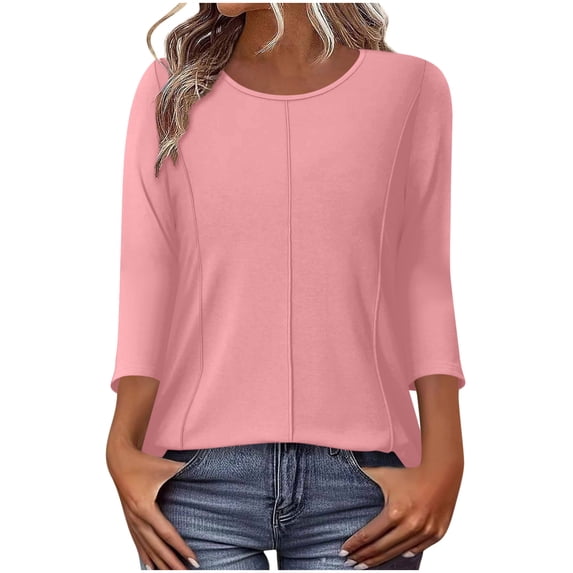 HAiming Women's Tops 3/4 Length Sleeve Comfy Loose Casual Solid Color Classic Scoop Neck T Shirts Summer Office Going out Tops