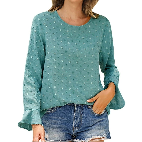 HAiming Women's Trendy Flare Long Sleeve Tops Solid Color Round Neck Pullover Shirts Casual Loose Work Blouses