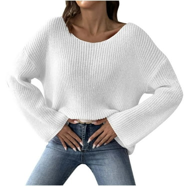 HAiming Women's Trendy off Shoulder Sweater Solid Long Sleeve Creneck Pullover Ribbed Knit Casual Loose Jumper Tops