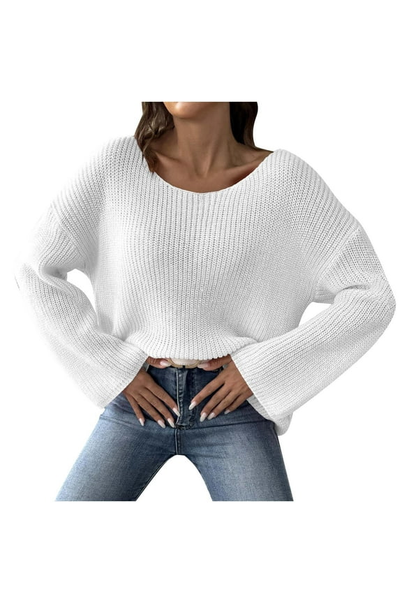 Women's Trendy off Shoulder Sweater Solid Long Sleeve Creneck Pullover Ribbed Knit Casual Loose Jumper Tops