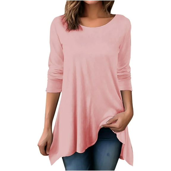 HAiming Women's Tunic T-Shirts Solid Color Round Neck Long Sleeved Pullover Tops 2025 Casual Plus Size Loose Blouses