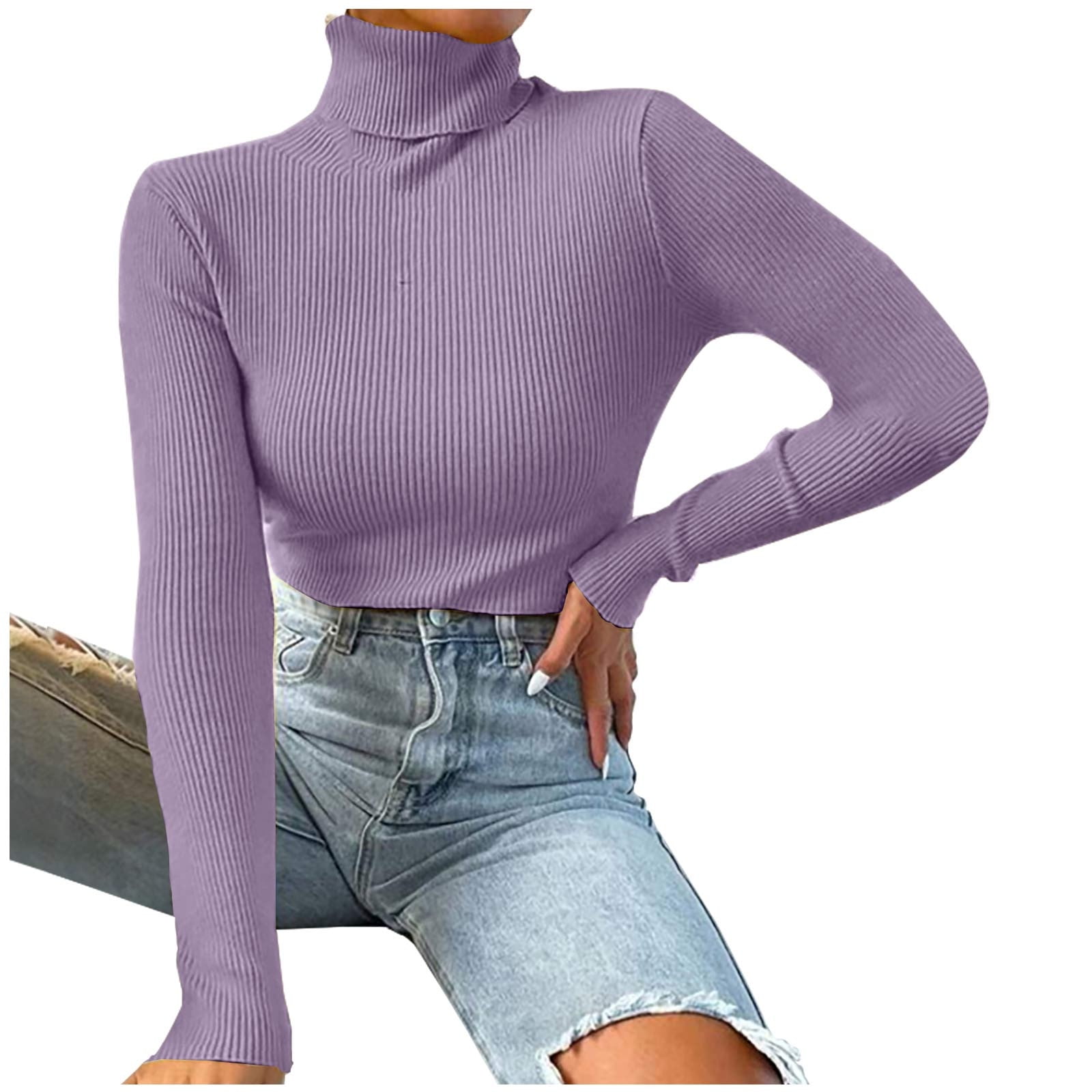 HAiming Women's Turtleneck Sweater Solid Color Long Sleeve Slim Ribbed ...