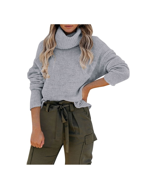 Women's Turtleneck Sweaters Knitting Backless Long Sleeve Pullover Tops Winter Casual Solid Color Loose Blouse