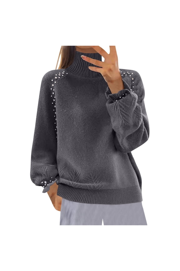 Women's Turtleneck Sweaters Ruffle Long Sleeve Knit Pullover Sweater Fall Winter Casual Cozy Loose Jumper Tops