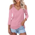 thumbnail image 1 of HAiming Women's V-Neck 3/4 Sleeve Shirts 2025 Trendy Cold Shoulder Tops Fall Casual Solid Color Going out Blouses, 1 of 7