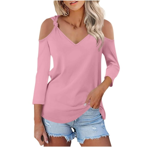 HAiming Women's V-Neck 3/4 Sleeve Shirts 2025 Trendy Cold Shoulder Tops Fall Casual Solid Color Going out Blouses