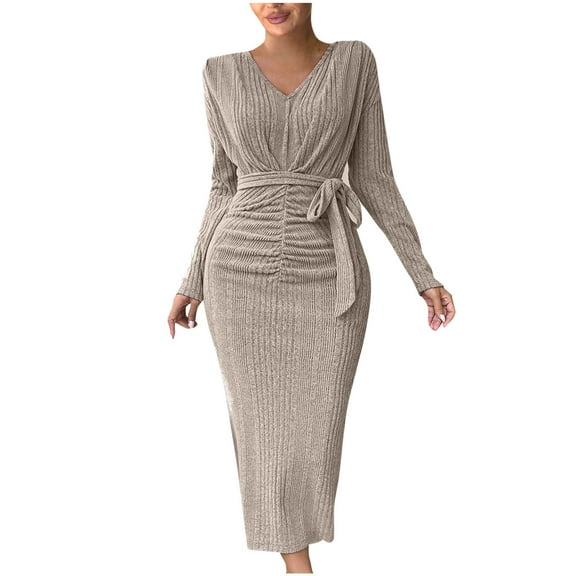 HAiming Women's V Neck Knit Sweater Dress Fall Solid Color Long Sleeve Ruched Tie Waist Ribbed Bodycon Midi Dresses