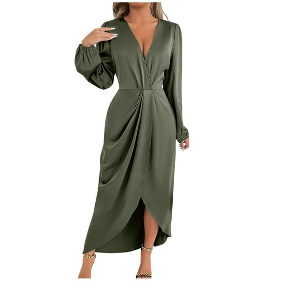 HAiming Women's V Neck Long Sleeve Satin Dress Casual Slit a Line Long Formal Cocktail Wedding Guest Party Gowns