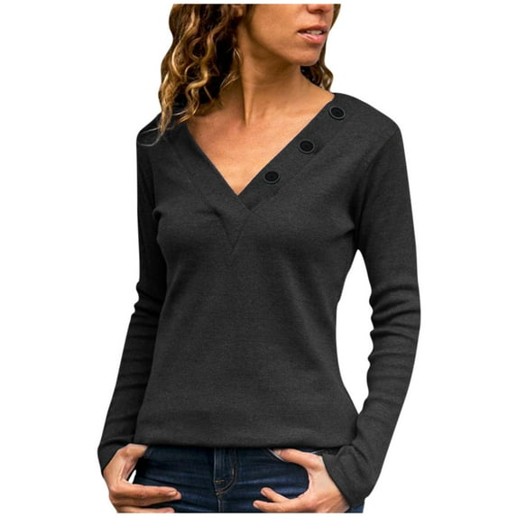 HAiming Women's V Neck Long Sleeve Tops Solid Color Basic Shirts Fall Winter Plus Size Casual Pullover Button Blouse