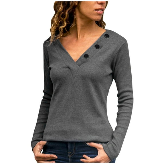 HAiming Women's V Neck Long Sleeve Tops Solid Color Basic Shirts Fall Winter Plus Size Casual Pullover Button Blouse