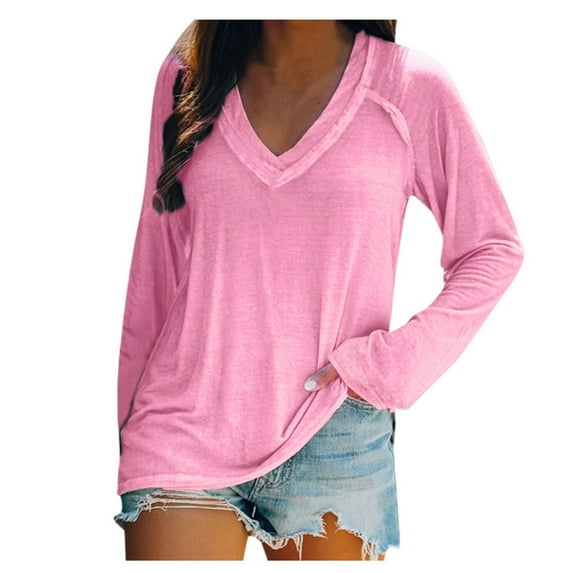 HAiming Women's V Neck Shirt Solid Color Long Sleeve Soft Lightweight Tops Plus Size Casual Loose Tunic Blouses