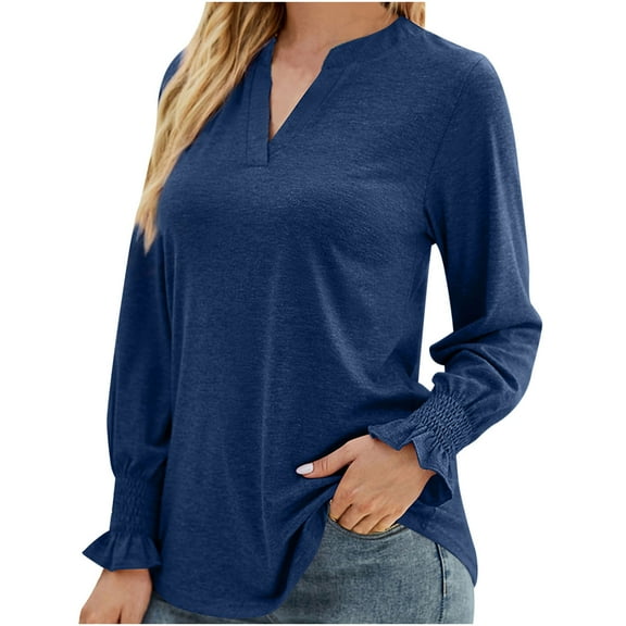 HAiming Women's V Neck Shirts Trendy Ruffled Long Sleeve Solid Color Tunic Tops Casual Loose Pullover Blouses
