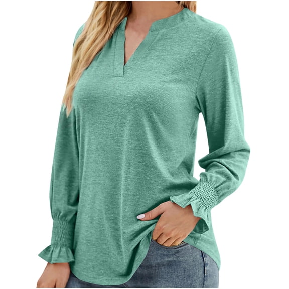 HAiming Women's V Neck Shirts Trendy Ruffled Long Sleeve Solid Color Tunic Tops Casual Loose Pullover Blouses