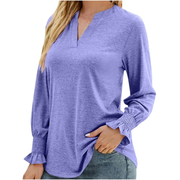 HAiming Women's V Neck Shirts Trendy Ruffled Long Sleeve Solid Color Tunic Tops Casual Loose Pullover Blouses