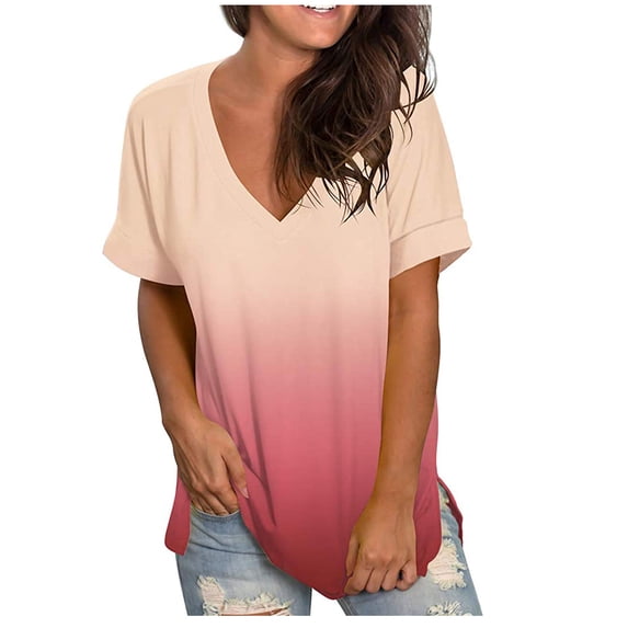 HAiming Women's V Neck T Shirts Casual Gradient Color Short Sleeve Side Split Summer Tops Plus Size Loose Blouse