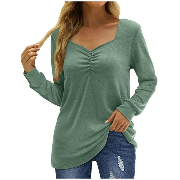 HAiming Women's V Neck Tops 2025 Trendy Solid Long Sleeve Pleated Tunic Shirts Fall Casual Loose Pullover Blouse