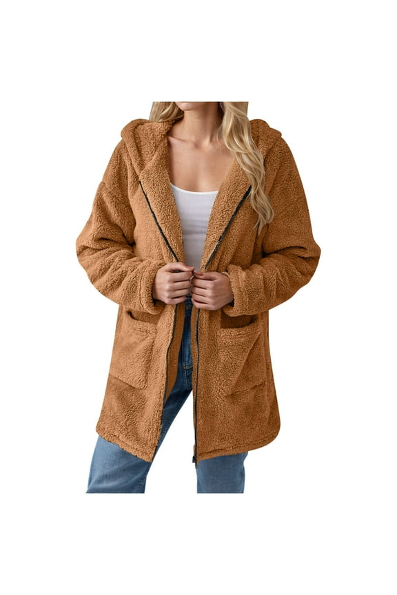 Women's Winter Coats Solid Color Long Sleeve Lapel Fleece Jacket Casual Trendy Loose Outerwear with Pockets