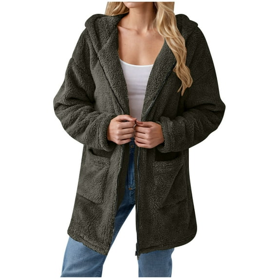 HAiming Women's Winter Coats Solid Fleece Long Sleeve Lapel Zipper Jacket Trendy Casual Warm Outerwear with Pockets