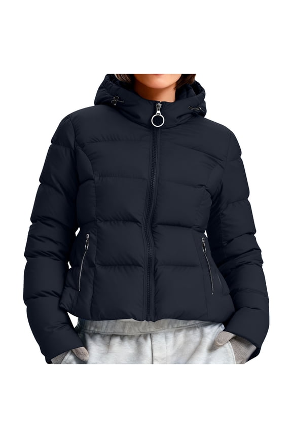 Women's Winter Cropped Jacket Hooded Warm Quilted Jackets Coat Outerwear with Zipper Pockets