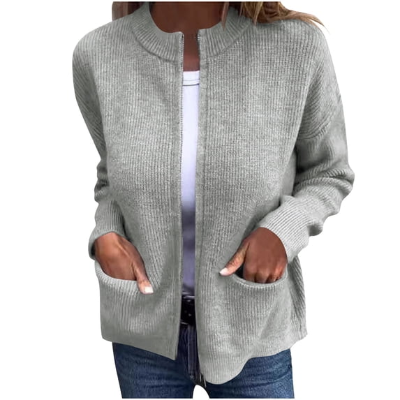 HAiming Women's Zip up Ribbed Knit Sweater Solid Long Sleeve Cardigans Coat 2025 Plus Size Casual Outwear with Pockets