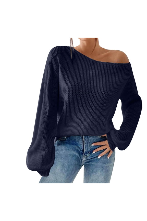 Women's off Shoulder Sweaters Fall Winter Solid Color Long Sleeve Casual Loose Rib Knit Pullover Jumper Tops