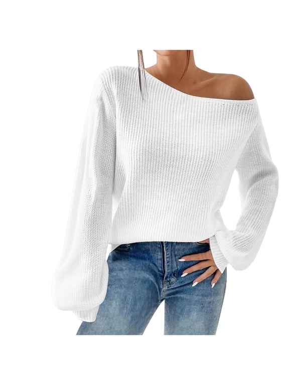 Women's off Shoulder Sweaters Fall Winter Solid Color Long Sleeve Casual Loose Rib Knit Pullover Jumper Tops