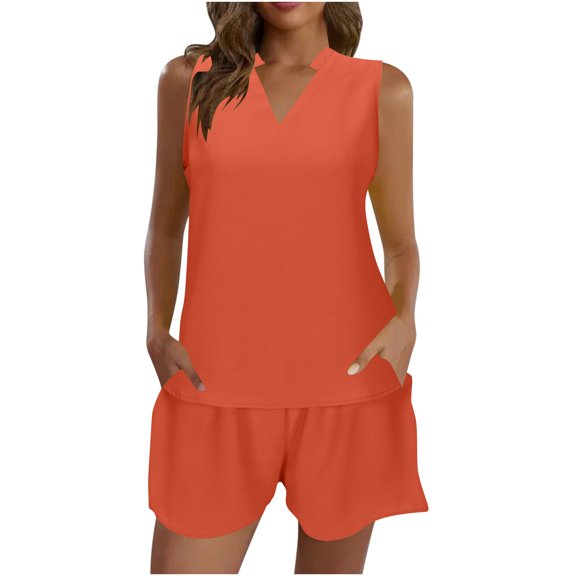 HAiming Womens 2 Piece Lounge Set 2025 Summer Casual Sleeveless V Neck Tops and Shorts Plus Size Loose Outfits