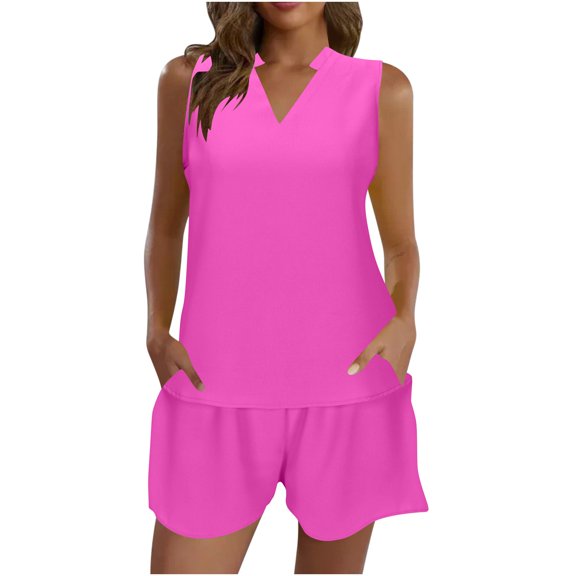 HAiming Womens 2 Piece Lounge Set 2025 Summer Casual Sleeveless V Neck Tops and Shorts Plus Size Loose Outfits