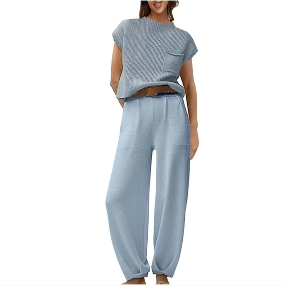 HAiming Womens 2 Piece Outfits Sweater Sets Knit Short Sleeve Pullover Tops and High Waisted Pants Lounge Sets Tracksuit Light Blue