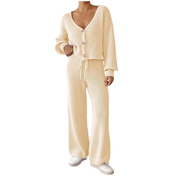 HAiming Womens 2 Piece Sets V Neck Button up Cardigan Sweaters and Wide Leg Pants Knit Lounge Travel Outfits