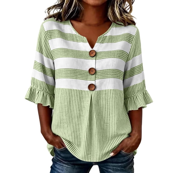 HAiming Womens 3/4 Length Sleeve Tops Button Color Block Ruffle Casual Trendy Shirts Vacation Going out Blouses
