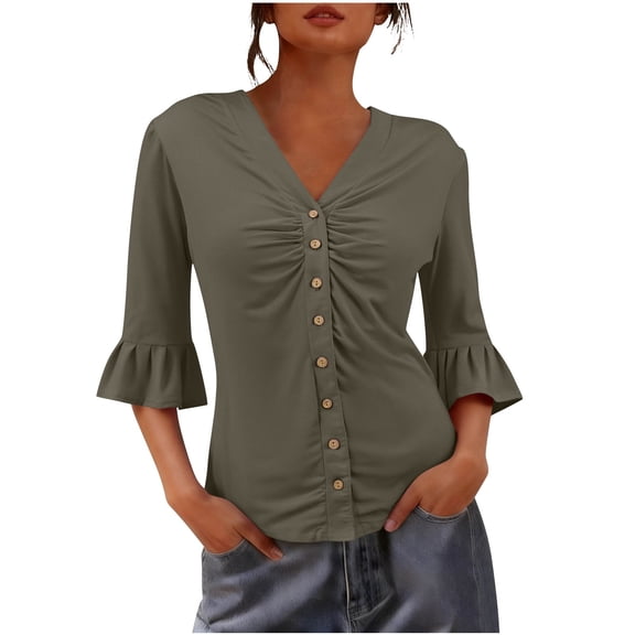 HAiming Womens 3/4 Sleeve Blouses Ruffle Cuffs V Neck Button down Pleated Shirts Dressy Flowy Tunic Tops