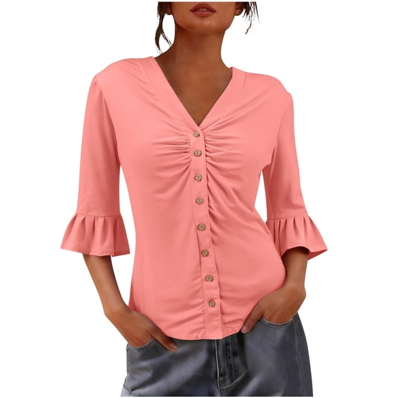 HAiming Womens 3/4 Sleeve Blouses Ruffle Cuffs V Neck Button down Pleated Shirts Dressy Flowy Tunic Tops