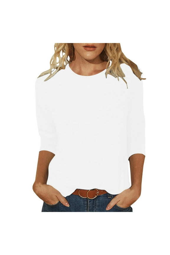 Womens 3/4 Sleeve Pullover Basic Tee Casual Crew Neck Casaul Solid Color Tshirts Cute Tunic Tops