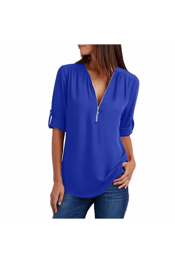Womens 3/4 Sleeve Shirts Dressy Summer Zip Front V-Neck Roll up Tunic Tops Plus Size Casual Office Work Blouse
