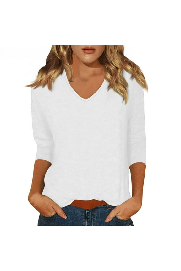 Womens 3/4 Sleeve T-Shirt V Neck Basic Tee Solid Color Casual Pullover Tops Trendy Clothes