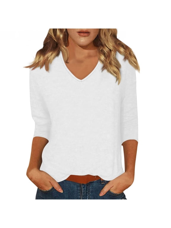 Womens 3/4 Sleeve T-Shirt V Neck Basic Tee Solid Color Casual Pullover Tops Trendy Clothes