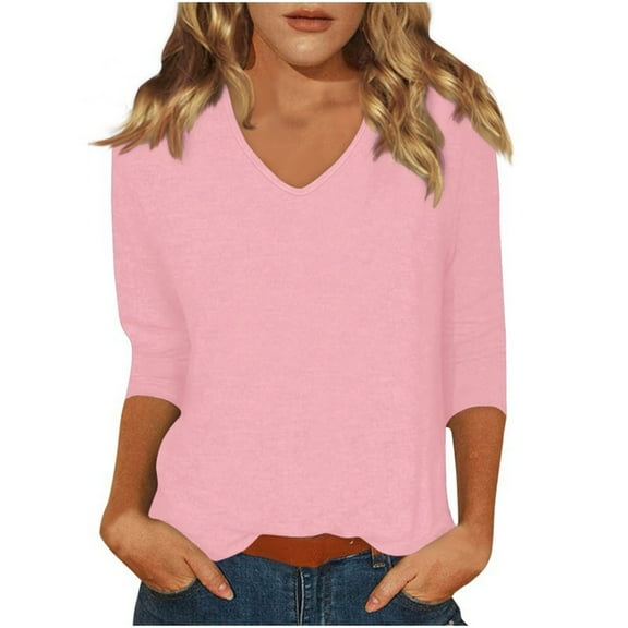 HAiming Womens 3/4 Sleeve T-Shirt V Neck Basic Tee Solid Color Casual Pullover Tops Trendy Clothes