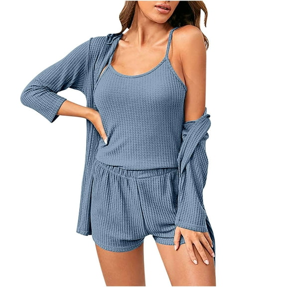 HAiming Womens 3 Piece Knit Lounge Set Soft Pajama Sets Tank Top and Shorts Cardigan with Pockets Casual Homewear