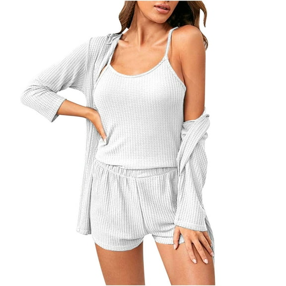 HAiming Womens 3 Piece Knit Lounge Set Soft Pajama Sets Tank Top and Shorts Cardigan with Pockets Casual Homewear