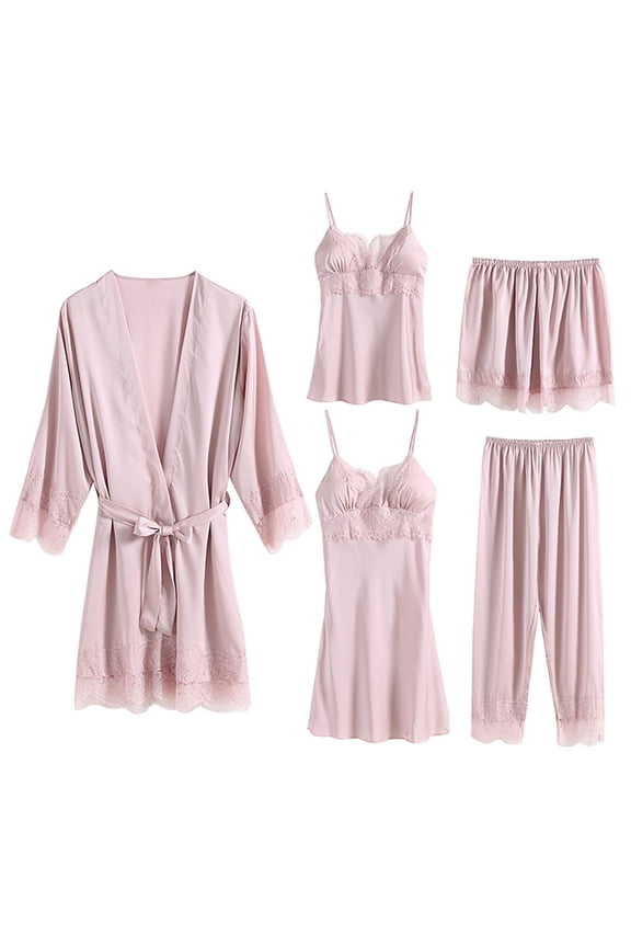 Womens 5PCS Pajama Sets Lace Trim Robe Nightgown Cami Tops Long Pant Shorts Dess match Lounge Set Sleepwear