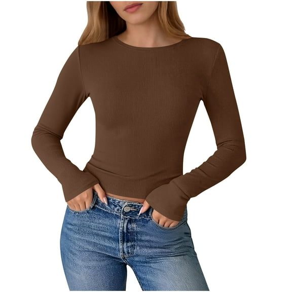 HAiming Womens Basic Long Sleeve Shirt Slim Fitted Round Neck Solid Color Pullover Spring Fall Clothes
