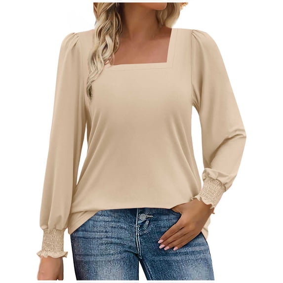 HAiming Womens Blouses Ruffle Pleated Long Sleeve Square Neck Casual Loose Pullover Tops Fall Fashion Clothes