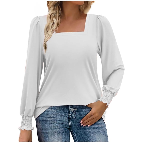 HAiming Womens Blouses Ruffle Pleated Long Sleeve Square Neck Casual Loose Pullover Tops Fall Fashion Clothes