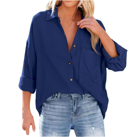 HAiming Womens Button down Shirts Casual V Neck Solid Color Long Sleeve Loose Collared Plain Blouses Tops with Pocket